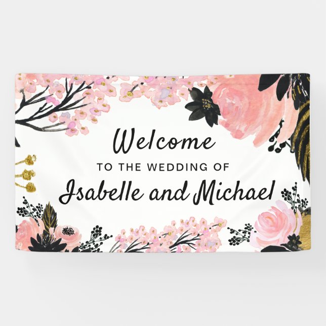 Begrüßung Blush Pink, Schwarz und Gold Blüte Banner (Horizontal)