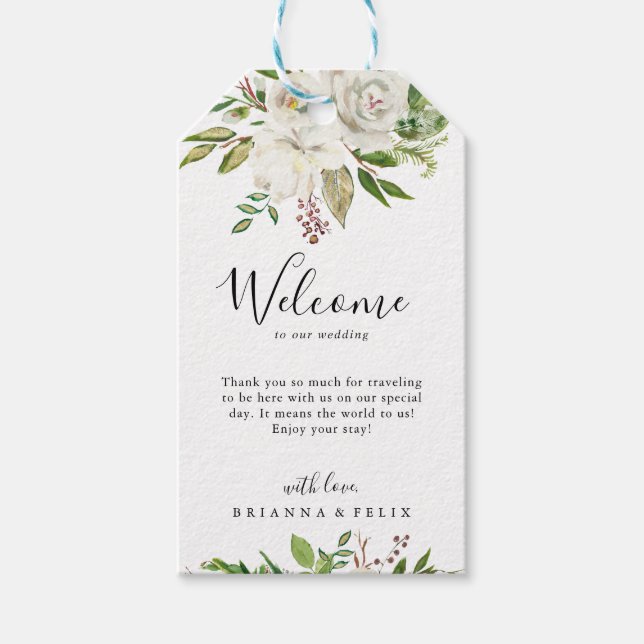 Begrüßung der Blumen-Hochzeit von White Winter Peo Geschenkanhänger (Vorderseite)