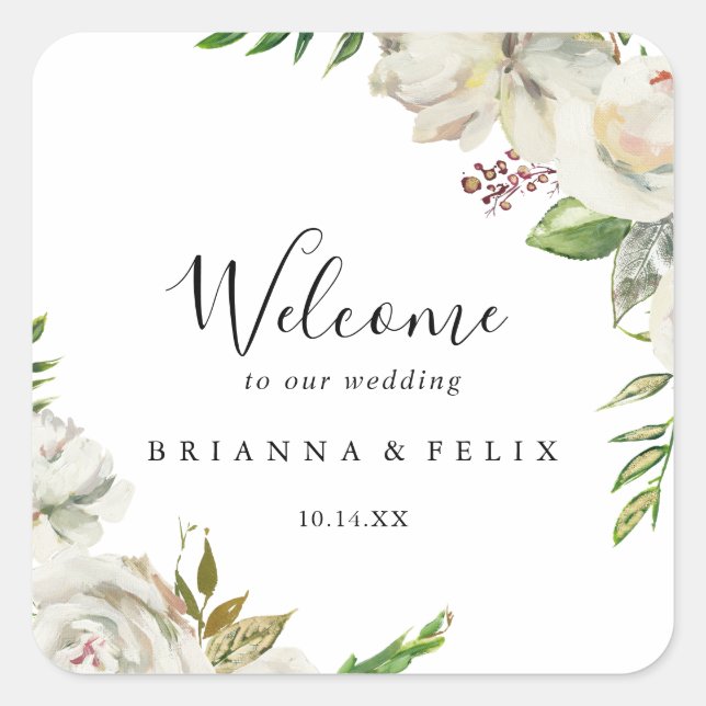 Begrüßung der Blumen-Hochzeit von White Winter Peo Quadratischer Aufkleber (Vorderseite)