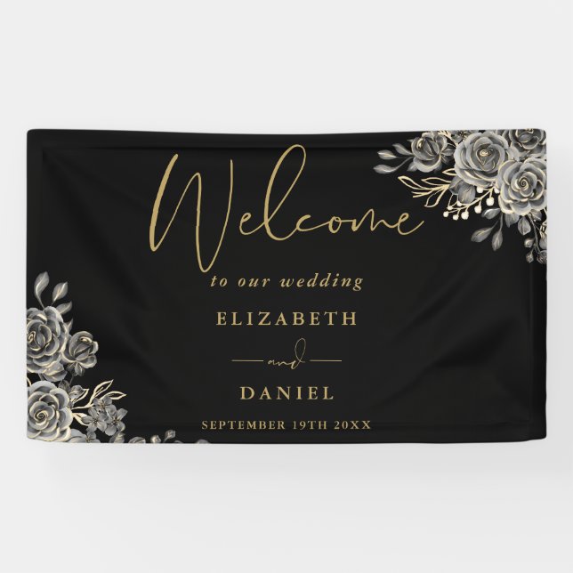 Begrüßung der gotischen Schwarz-Gold-Blumen Banner (Horizontal)