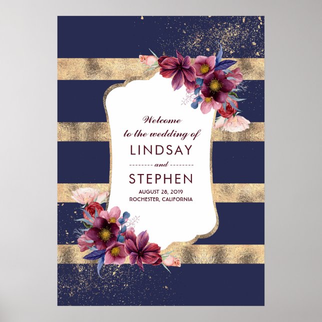 Begrüßung der Hochzeit von Burgund Marine und Gold Poster (Vorne)