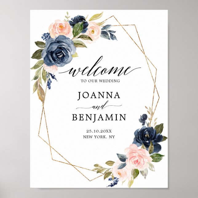 Begrüßung der Hochzeit von Navy Blue Blush Geometr Poster (Vorne)
