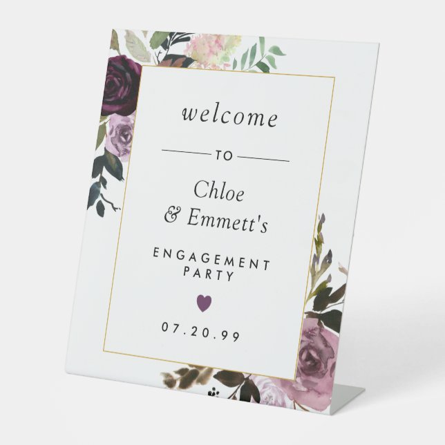 Begrüßung der lila rosa floralen Engagement Sockelschild (Vorderseite)