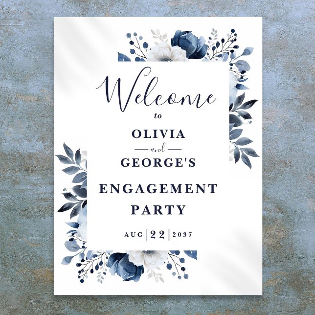 Begrüßung der Navy Blue Floral Poster (Navy Blue Floral Engagement Party Welcome Sign)