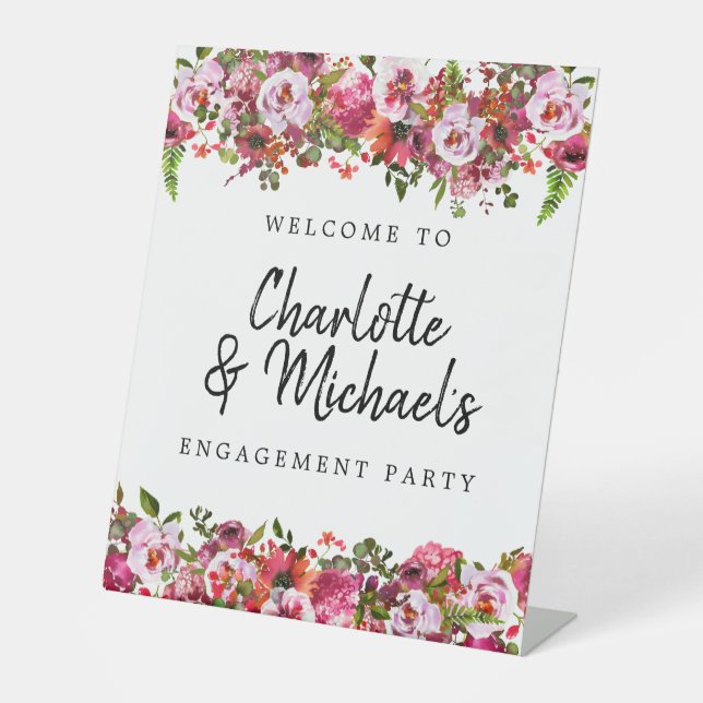 Begrüßung der rosa und roten floralen Engagement Sockelschild (Vorderseite)
