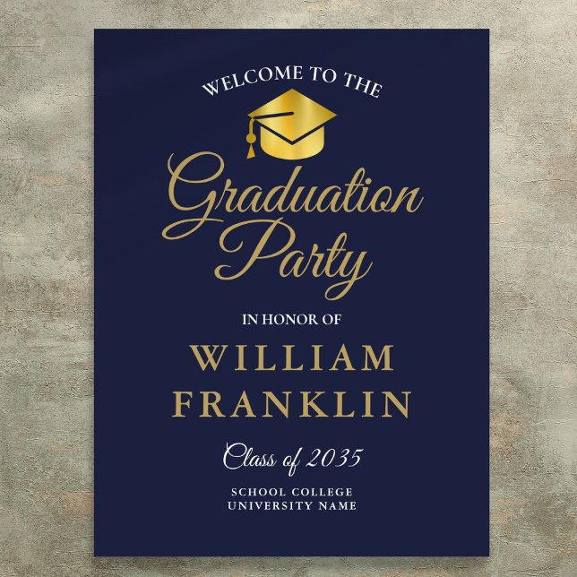 Begrüßung der Unterzeichnung einer Navy Blue and G Poster (Navy Blue And Gold Graduation Party Welcome Sign)