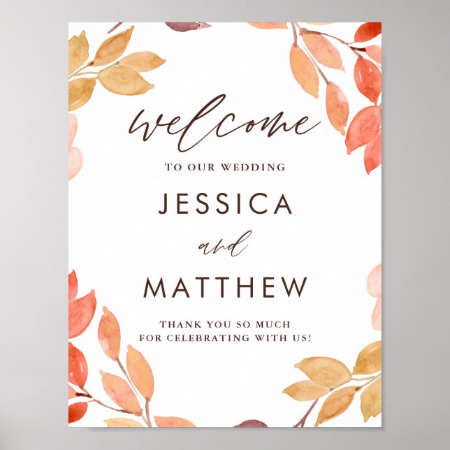 Begrüßung der Watercolor Herbstblattfeuerhochzeit Poster (Vorne)