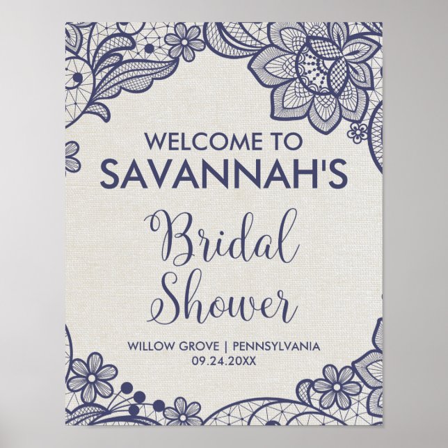 Begrüßung des Brautparty Burlap und Navy Lace Flor Poster (Vorne)