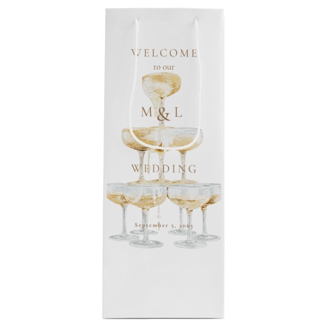 Begrüßung des Champagner Tower Gold Monogram Geschenktüte Für Weinflaschen (Vorderseite)
