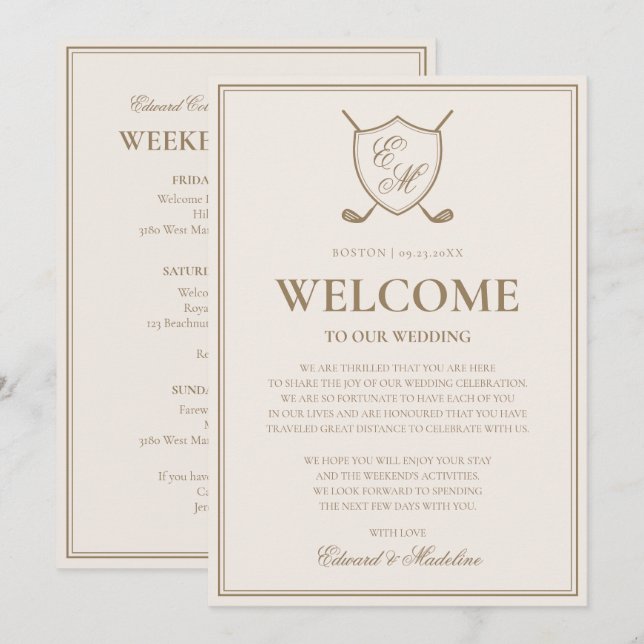 Begrüßung des eleganten Wappen Monogram Golf Weddi Einladung (Vorne/Hinten)