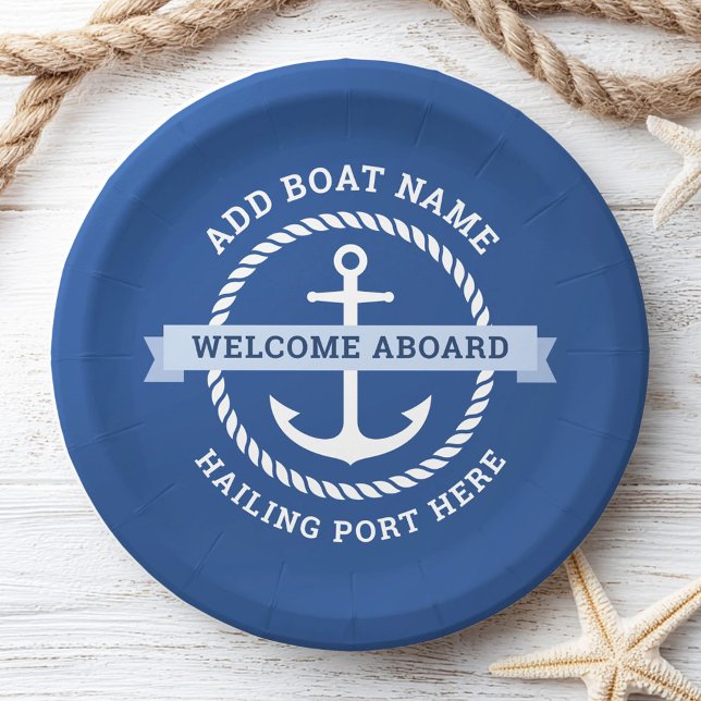 Begrüßung des Namens des Ankerseils an Bord Pappteller (Anchor rope border boat name welcome aboard paper plates)