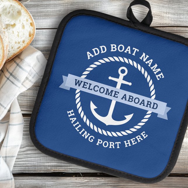 Begrüßung des Namens des Ankerseils an Bord Topflappen (Anchor rope border boat name welcome aboard pot holder)