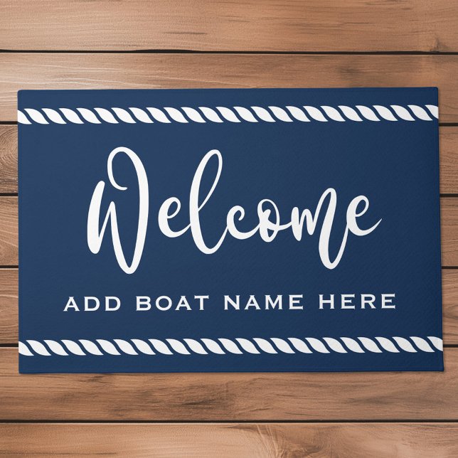 Begrüßung des Namens des Schiffes Seils dunkelblau Fußmatte (Welcome custom boat name rope border dark blue doormat)