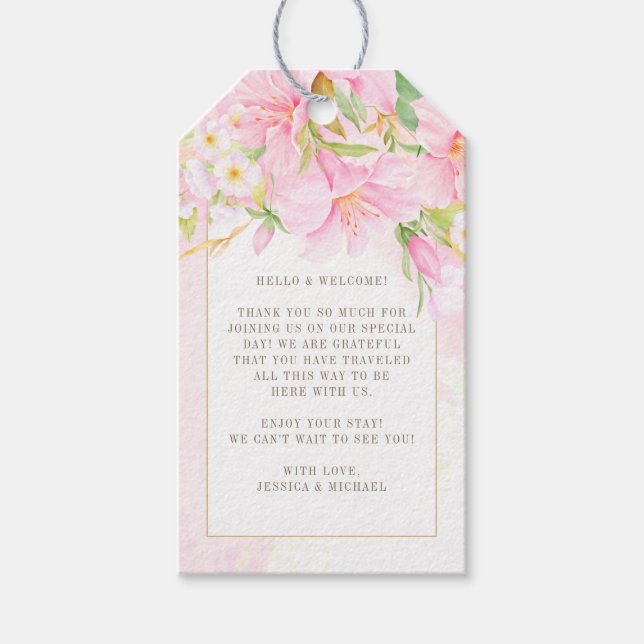 Begrüßung einer eleganten Blumenzange Geschenkanhänger (Vorderseite)