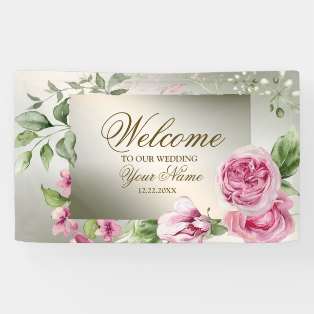 Begrüßung Farbe Rosa Blumenrahmen Shiny Bronze Banner (Horizontal)