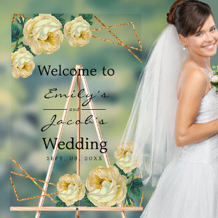 Begrüßung Hochzeit Gold Glitzer Geo Gelbe Blüte Acrylschild