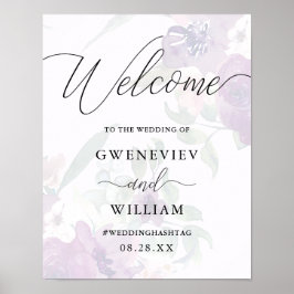 Begrüßung lila Blumen und Kalligrafie Begrüßung Poster