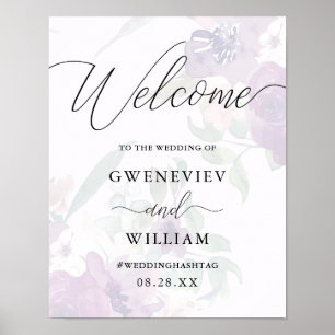 Begrüßung lila Blumen und Kalligrafie Begrüßung Poster