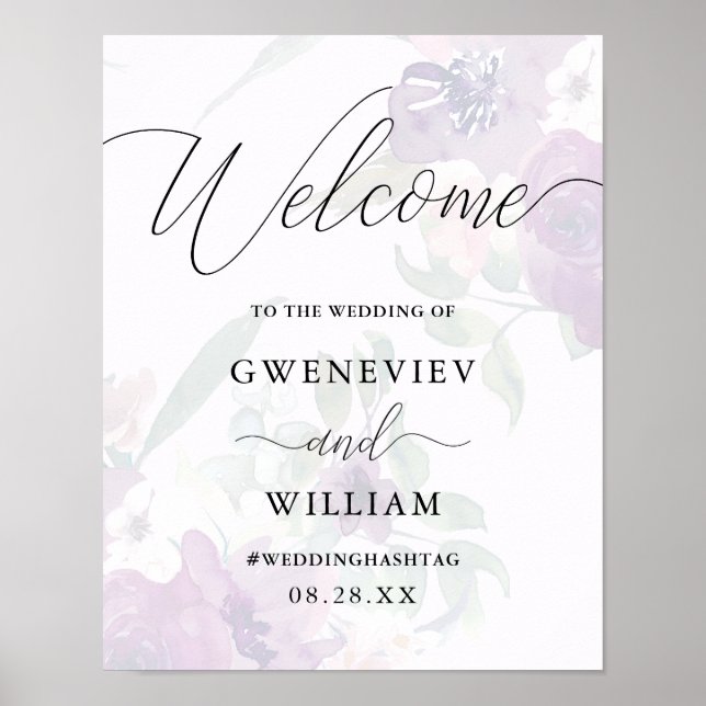 Begrüßung lila Blumen und Kalligrafie Begrüßung Poster (Vorne)