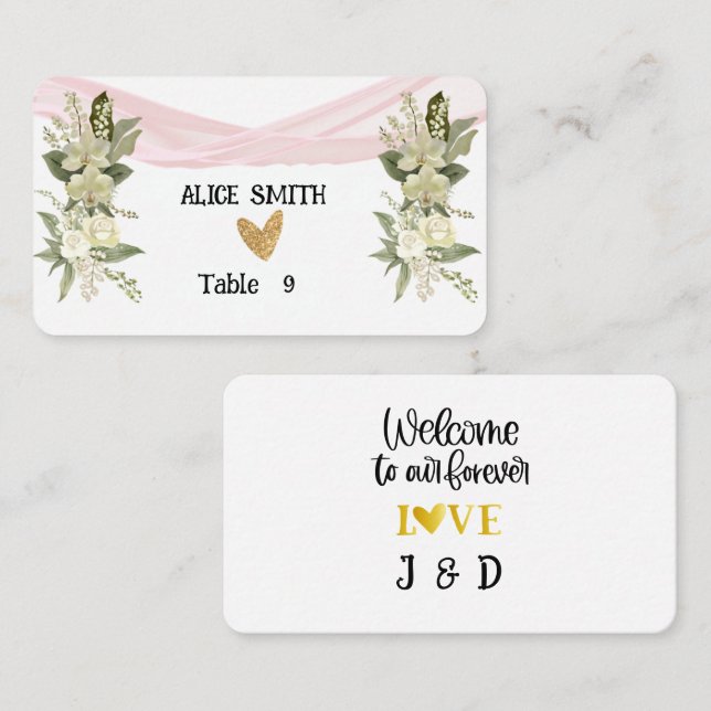 Begrüßung mit rosa Streifen und weißer Rose Platzkarte (Vorne/Hinten)
