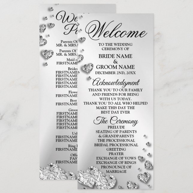 Begrüßung Silver Hearts Gray Elegante Rustikal Programm (Vorne/Hinten)