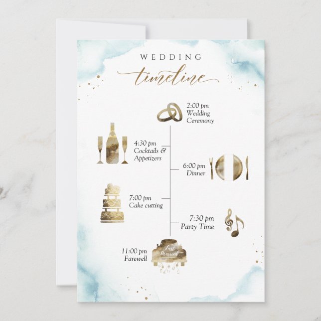 Begrüßung und Timeline-Karte von Dusty Blue Weddin (Vorderseite)