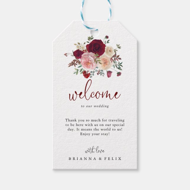 Begrüßung von Burgund Pink Blush Bloral Wedding Geschenkanhänger (Vorderseite)