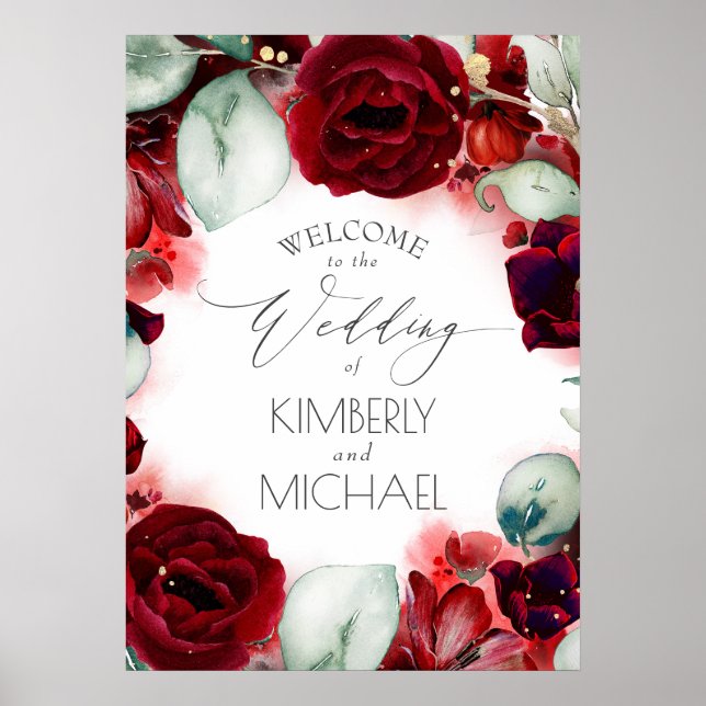 Begrüßung von Burgundy Red Floral Poster (Vorne)