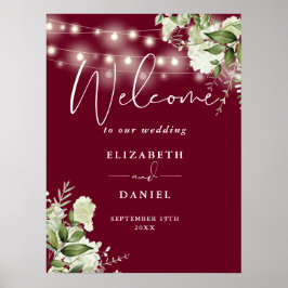 Begrüßung von Burgundy String Lights Floral Weddin Poster