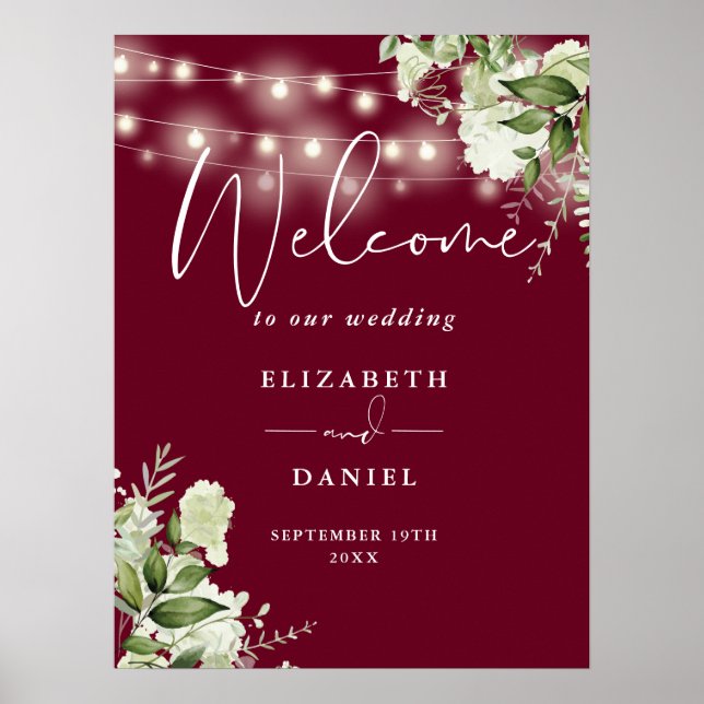 Begrüßung von Burgundy String Lights Floral Weddin Poster (Vorne)