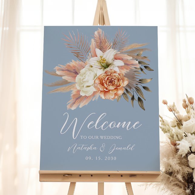 Begrüßung von Dusty Blue Peach Floral Wedding Poster (Von Creator hochgeladen)