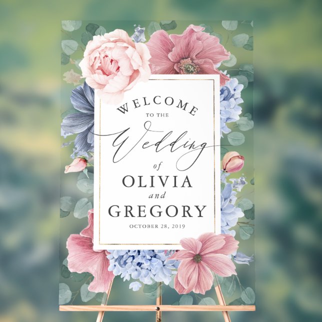 Begrüßung von dusty Blue und Blush Floral Wedding Acrylschild (Neutral)