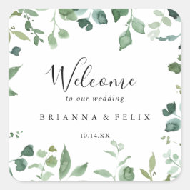 Begrüßung von Kalligrafie Script Green Foliage Quadratischer Aufkleber