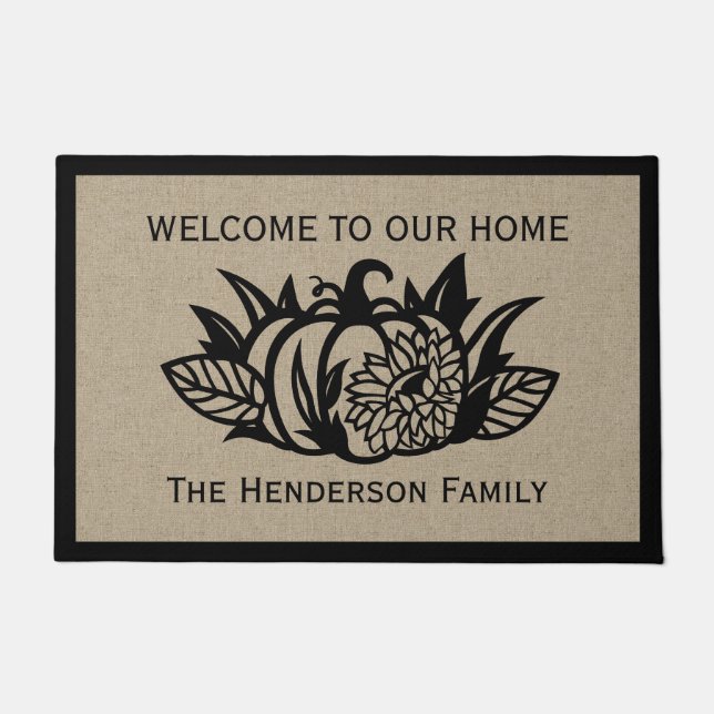 Begrüßung von Kürbispflanzen und Sonnenblumen Fußmatte (Vorderseite)
