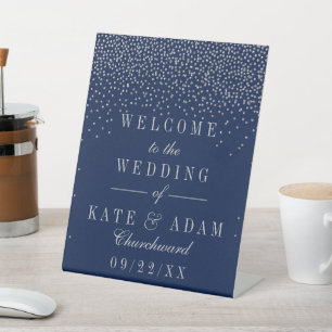 Begrüßung von Navy Blue & Glam Silver Confetti Wed Sockelschild