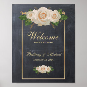 Begrüßung Weißer Rosen Gold Rahmen Hochzeit Poster