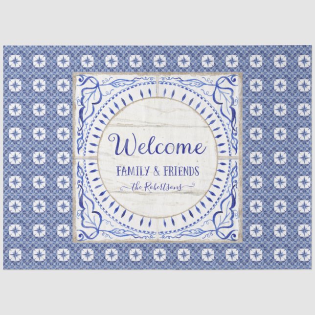 Begrüßungsbauernhof Tile Blue White Family Decoupa Seidenpapier (Vorderseite)