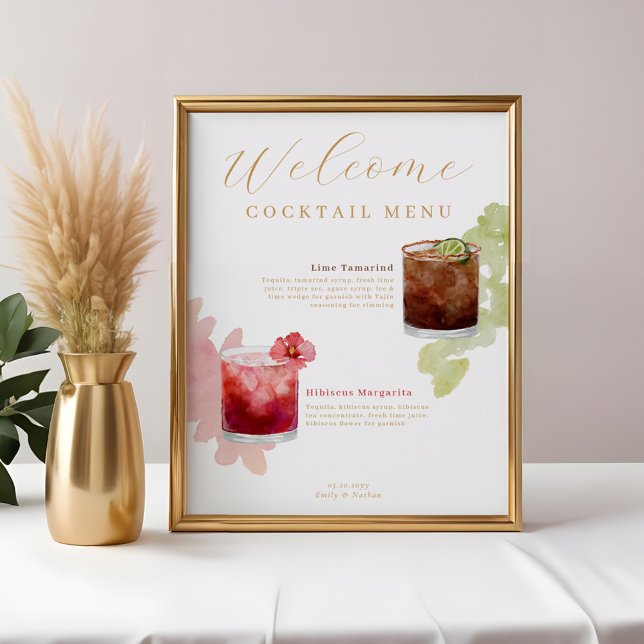 Begrüßungscocktails auf der Speisekarte der Hochze Poster (Welcome Watercolor Cocktails Wedding Drink Menu Poster)