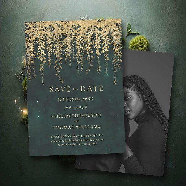 Begrüßungsdatum für das verzauberte Foto Goldgrün  Einladung (wedding save the date enchanted forest fairytale gold vines typography)