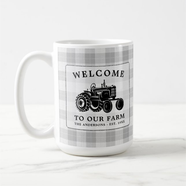 Begrüßungsfamilie Name Farm Traktor Weiß Kariert g Kaffeetasse (Links)