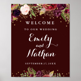 Begrüßungsfeier Sign Burgundy Gold Floral Fall Poster