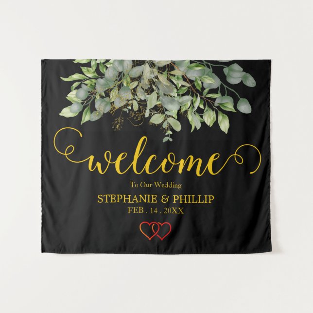 Begrüßungsgrün Eukalyptus Foliage Hochzeitschwarz Wandteppich (Vorderseite (Horizontal))