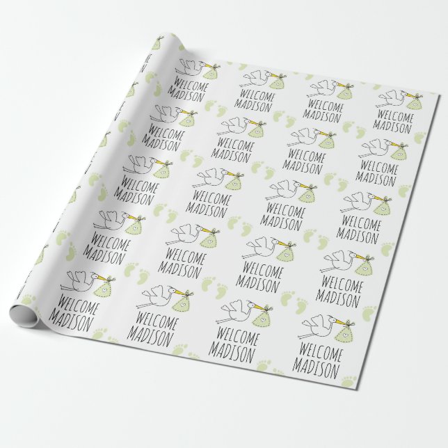 BegrüßungsjungBaby | Grüner Storch & Fußabdruck Geschenkpapier (Ungerollt)