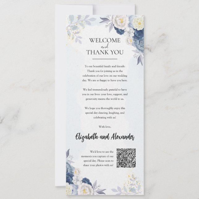 Begrüßungskarte von Dusty Blue Gold Floral Wedding (Vorderseite)