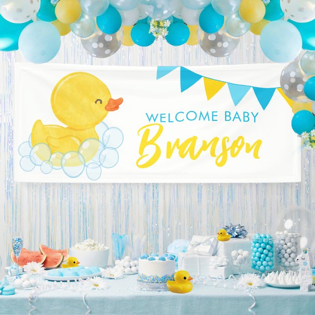 Begrüßungsname Baby Name Große Duck Babydusche Banner (Large Welcome Baby Name Watercolor Boy Rubber Duck Baby Shower Hanging Vinyl Banner)