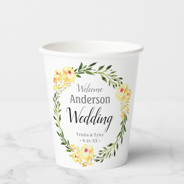 Begrüßungsnamen/Datum Gelbe W/Blume Hochzeit Pappbecher (Vorderseite)