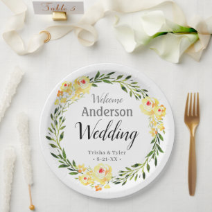 Begrüßungsnamen/Datum Gelbe W/Blume Hochzeit Pappteller