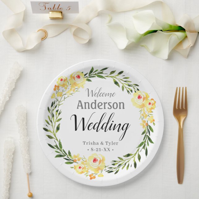 Begrüßungsnamen/Datum Gelbe W/Blume Hochzeit Pappteller (Hochzeit)