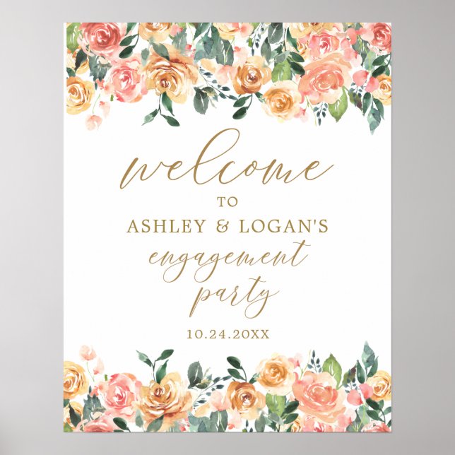 Begrüßungspalette für Gold Peach Floral Engagement Poster (Vorne)