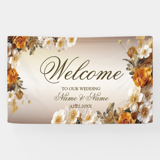 Begrüßungsparty Golden Orange Weiße Blume Banner (Horizontal)